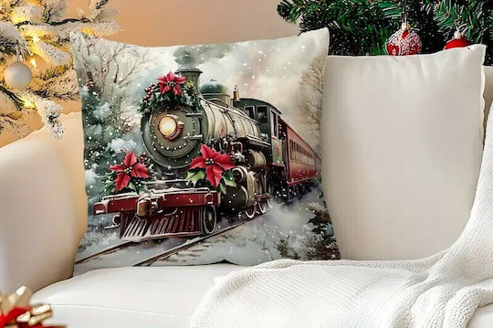 Queen Limited Edition Weihnachtsdekorative Kissen Μαξιλαροθήκη Χριστουγεννιάτικη Velvet Vintage Τρένο & Ποϊνσέτια 45x45εκ
