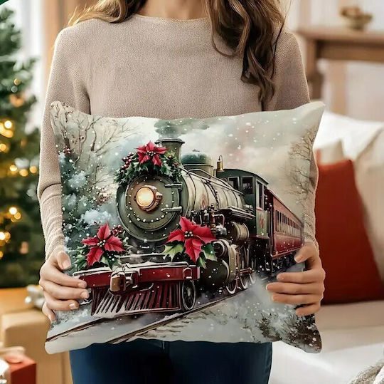 Queen Limited Edition Weihnachtsdekorative Kissen Μαξιλαροθήκη Χριστουγεννιάτικη Velvet Vintage Τρένο & Ποϊνσέτια 45x45εκ