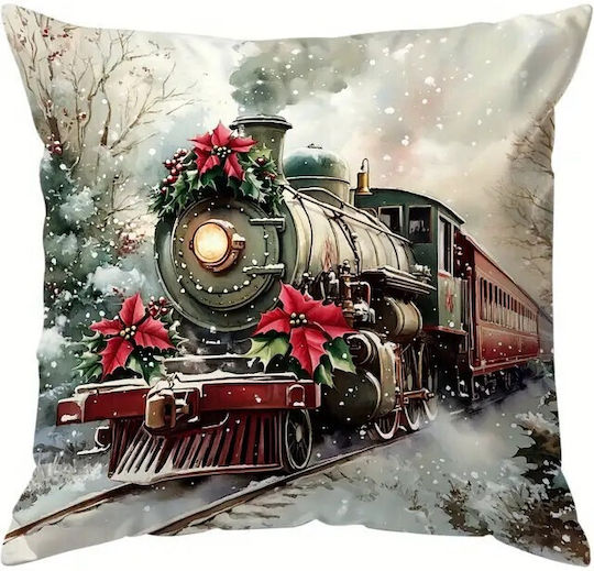 Queen Limited Edition Weihnachtsdekorative Kissen Μαξιλαροθήκη Χριστουγεννιάτικη Velvet Vintage Τρένο & Ποϊνσέτια 45x45εκ