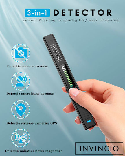 Invincio Cameră de Supraveghere cu Microfon Detector Portabil 12 Niveluri de Detecție Indicator Sonor Led Detectează Localizatoare Gps Gsm Înregistratoare Voci Alte Surse Ascunse Frecvențe 100 Micro Hz-8 Ghz Negru