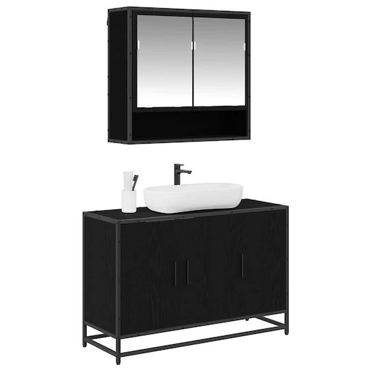 vidaXL Blat cu Lavoar, Oglindă & Coloană L90xW60xH33cm Black Beech
