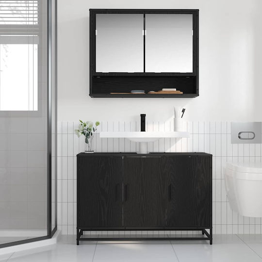 vidaXL Blat cu Lavoar, Oglindă & Coloană L90xW60xH33cm Black Beech