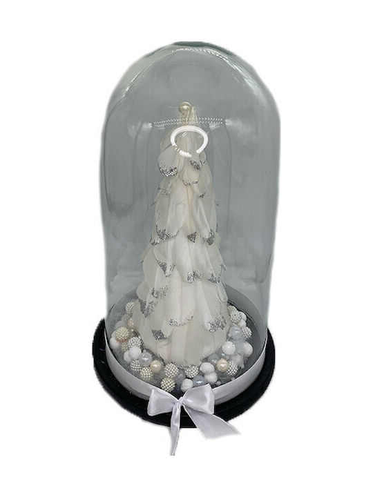 Decoratiune De Crăciun Arbore De Crăciun Mic Împodobit Alb Argintiu Pene În Cupolă De Sticlă Ø 18 Cm X 32 Înălțime Alb