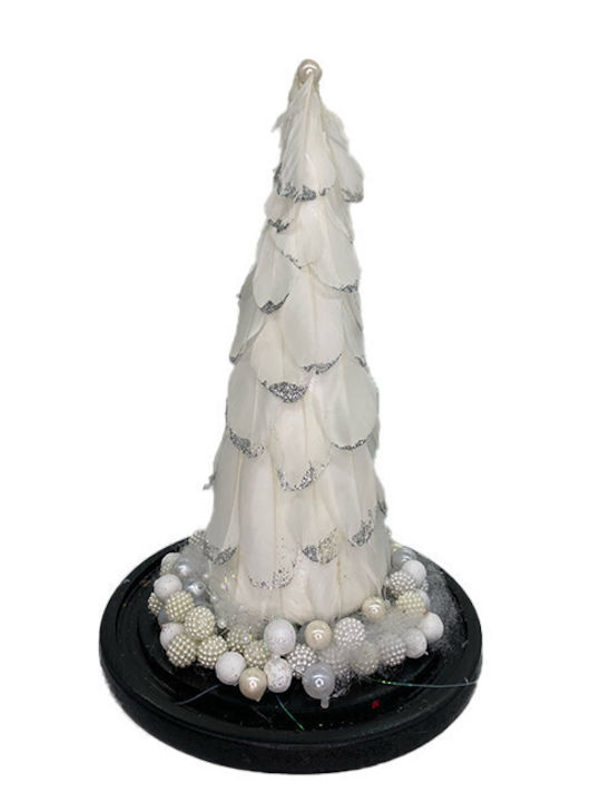 Decoratiune De Crăciun Arbore De Crăciun Mic Împodobit Alb Argintiu Pene În Cupolă De Sticlă Ø 18 Cm X 32 Înălțime Alb