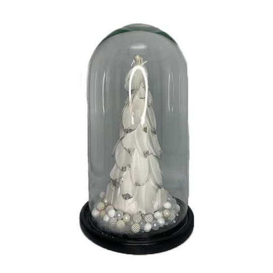 Christmas Decoration Small Christmas Tree Decorated White Silver Feathers In Glass Dome Ø 18 Cm X 32 H White