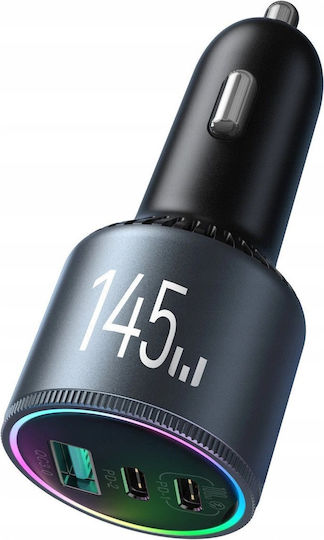 Joyroom Car Charger 145W 5A with Ports 1xUSB 2xType-C with Type-C Cable Grey Colour
