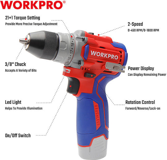 WorkPro WP460200 Двигател За Бормашина На Батерия Solo Безчетков 12V