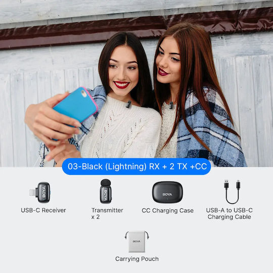 Boya mini 2 iPhone Lightning Комплект Безжично Δυναμικό Микрофон Πέτου, Clip On Журналистически в Черен Цвят