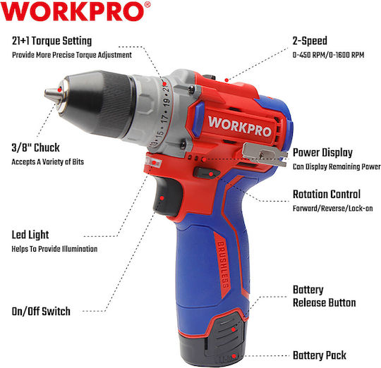 WorkPro WP460201 Mașină De Găurit Cu Baterie Fără Perii 12V 2x2Ah