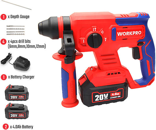 WorkPro Demolition Hammer Battery Brushless 20V 2x4Ah with Chuck SDS Plus WP390301