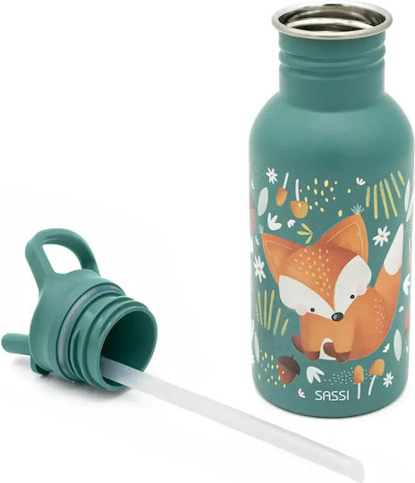 Sassi Junior Fox Kids Water Bottle Stainless Steel with Straw 500ml (Various Designs/Colours)