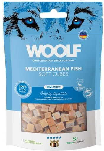 Woolf Woolf Cuburi Moi Din Pește Mediteranean Recompense Pentru Câini 100g