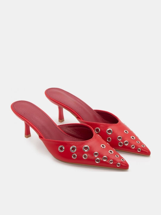 Mules with Thin High Heel in Red Color