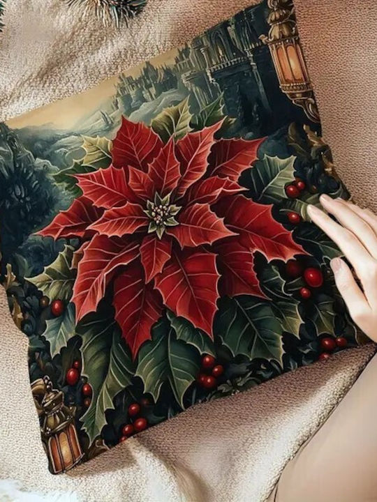 By Queen Limited Festive Edition Pillow Case Peach Skin Velvet With Poinsettia Design 45x45cm
