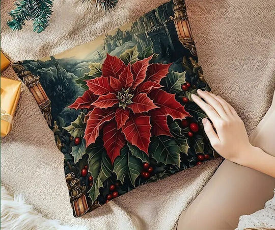 By Queen Limited Festive Edition Pillow Case Peach Skin Velvet With Poinsettia Design 45x45cm