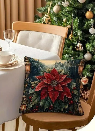 By Queen Limited Festive Edition Pillow Case Peach Skin Velvet With Poinsettia Design 45x45cm