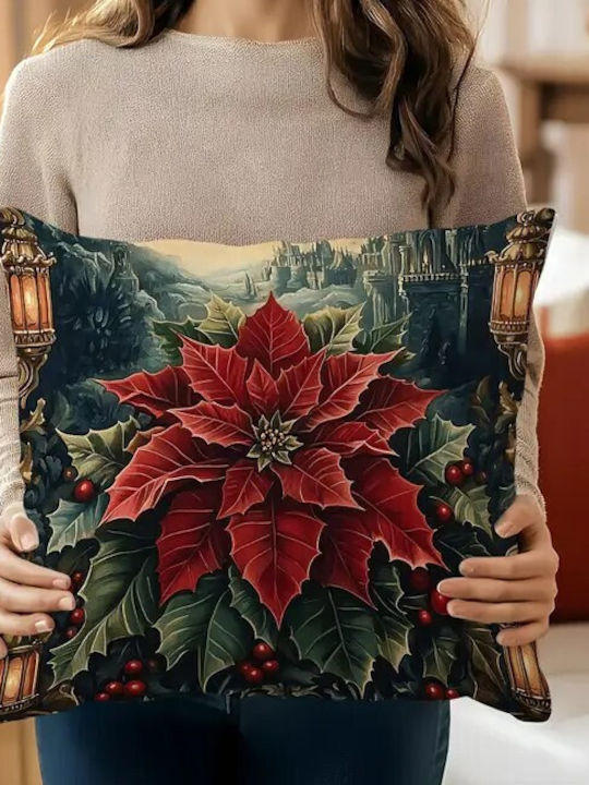 By Queen Limited Festive Edition Pillow Case Peach Skin Velvet With Poinsettia Design 45x45cm