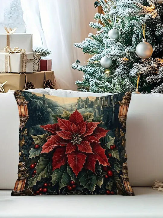 By Queen Limited Festive Edition Pillow Case Peach Skin Velvet With Poinsettia Design 45x45cm
