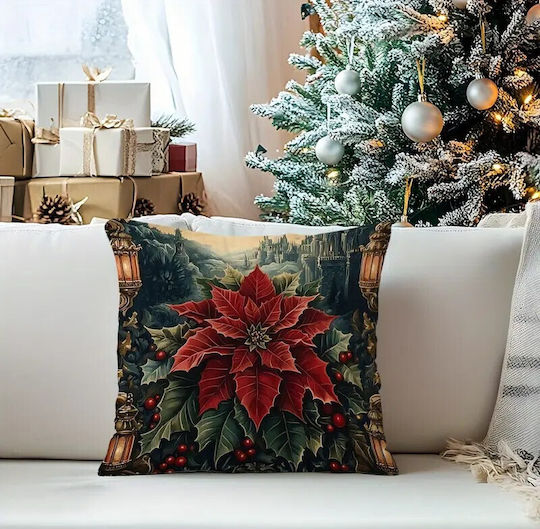 By Queen Limited Festive Edition Pillow Case Peach Skin Velvet With Poinsettia Design 45x45cm
