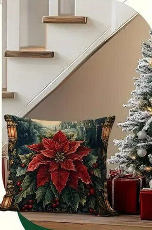 By Queen Limited Festive Edition Pillow Case Peach Skin Velvet With Poinsettia Design 45x45cm