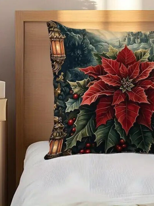 By Queen Limited Festive Edition Pillow Case Peach Skin Velvet With Poinsettia Design 45x45cm