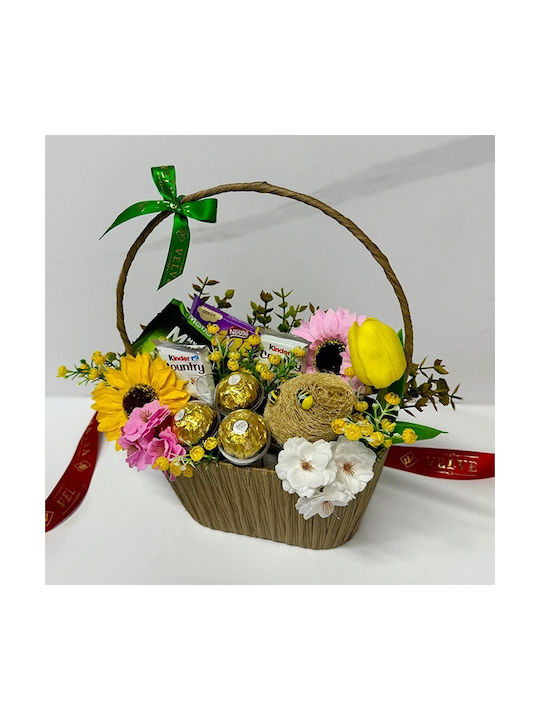 Coș Delice Praline Ferrero Rocher Joe Motto Wafer Kinder Country Bare Ciocolată Flori Artificiale Decorative Maro