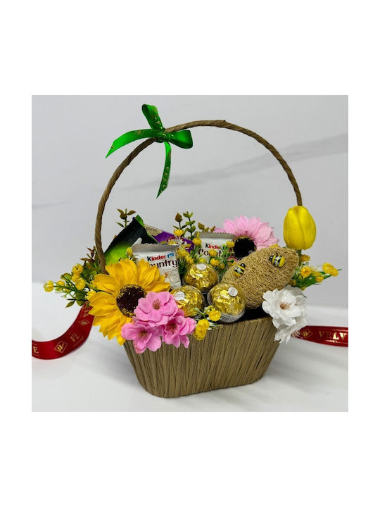 Coș Delice Praline Ferrero Rocher Joe Motto Wafer Kinder Country Bare Ciocolată Flori Artificiale Decorative Maro