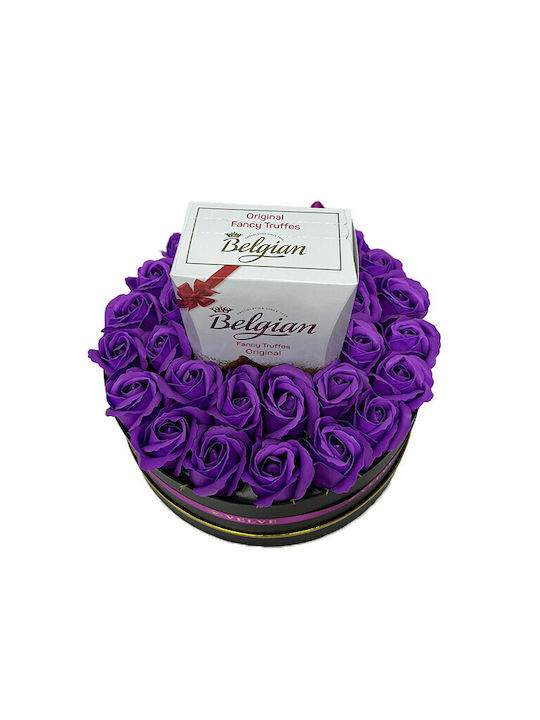 Aranjament Floral În Cutie Rotundă Trandafiri Săpun Ciocolată Belgiană Flori Uscate Parfumate Mov