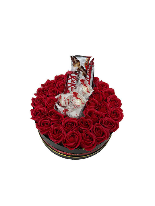 Floral Arrangement In A Round Box 27 Soap Roses Flowers Raffaello Pralines 40g Kinder Bueno 43g Kitkat Bar 80g Scented Dried Flowers Red