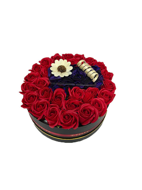 Aranjament Floral În Cutie Rotundă 27 Trandafiri Săpun Flori Raffaello Praline 40g Kinder Bueno 43g Baton Kitkat 80g Flori Uscate Parfumate Roșii