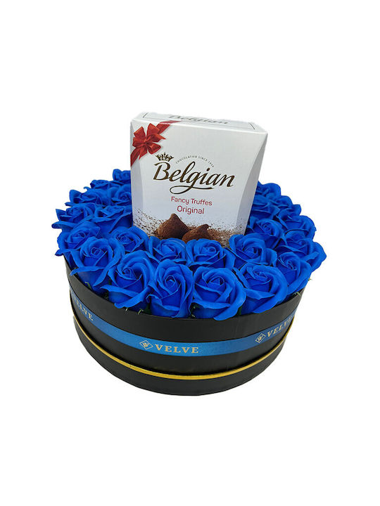Aranjament Floral În Cutie Rotundă Trandafiri Săpun Ciocolată Belgiană Flori Uscate Parfumate Albastre