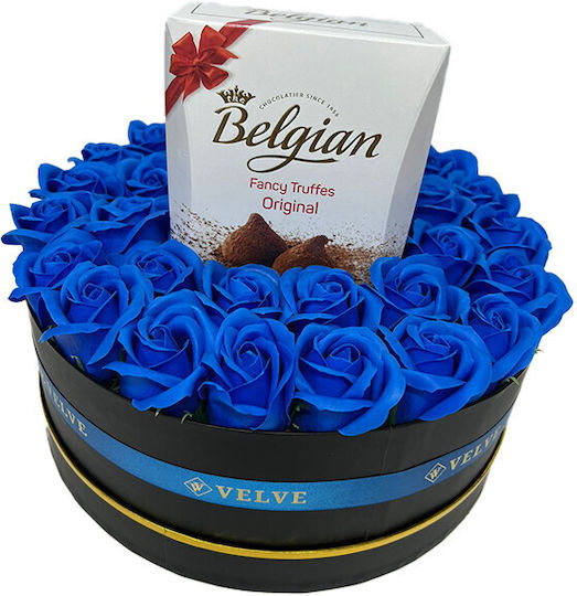 Aranjament Floral În Cutie Rotundă Trandafiri Săpun Ciocolată Belgiană Flori Uscate Parfumate Albastre