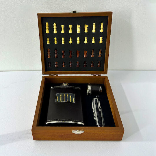 Set Cadou pentru Bărbați Vlv Cutie Piese de Șah Tirbușon Sticlă de Băut Pahar Acoperit cu Piele Ecologică Maro Închis 20x18x6cm