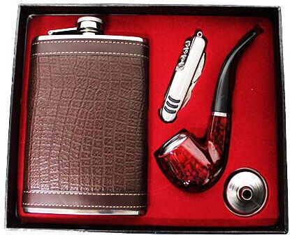 Vlv Herren Geschenkset 4 Teile Trinkflasche Pfeife Trichter Taschenmesser Braune
