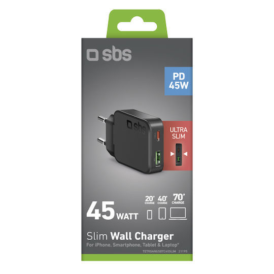 SBS Φορτιστής Χωρίς Καλώδιο GaN με Θύρα USB-A και Θύρα USB-C 45W Power Delivery Μαύρος (Ultra-Slim)