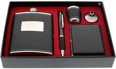 Vlv Men's Gift Set 5 Pieces Flask Pen Glass Funnel Cigarette Case Black
