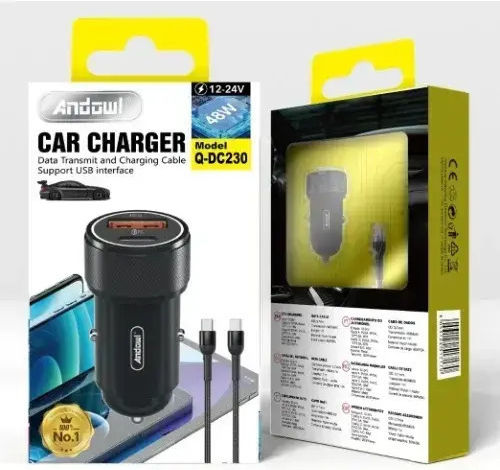 Andowl Автомобилен Зарядно Устройство 48W Бързо Зареждане с Портове 1xUSB-A 1xType-C с Кабел Type-C Черен Цвят