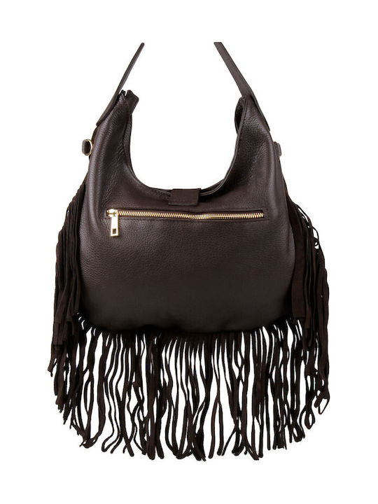 Leather Women's Hobo Bag Suede with Fringes Dark Brown