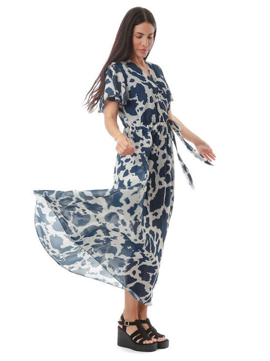 Sommer Maxi Wickel Kleid Weiß Blau