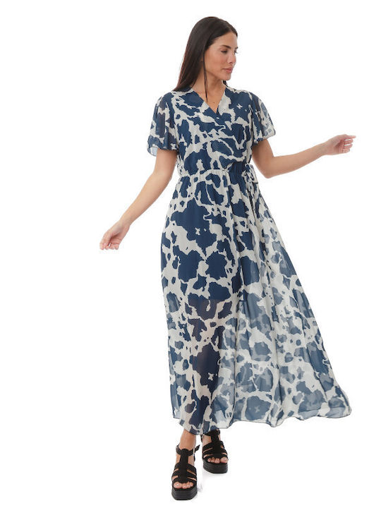 Sommer Maxi Wickel Kleid Weiß Blau