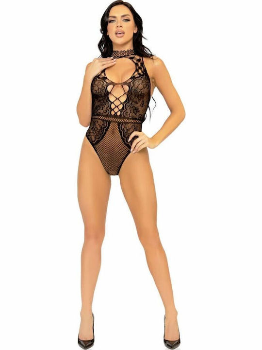 Leg Avenue Keyhole Bodysuit One Size Sexy Κορμάκι Net & Lace Keyhole Bodysuit Μαύρο