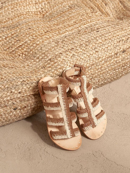 Leather Women's Flat Sandals Gladiator in Beige Color