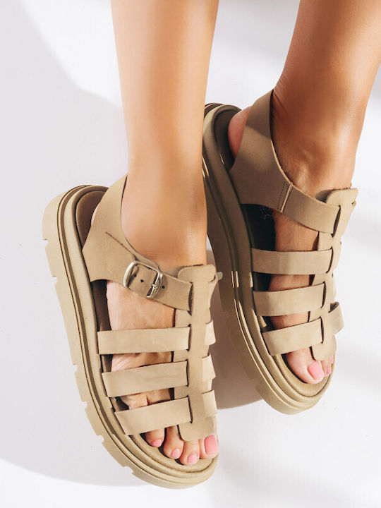 Leather Women's Flat Sandals Gladiator Flatforms in Brown Color