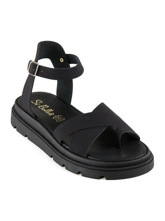 Leather Women's Flat Sandals Flatforms in Black Color