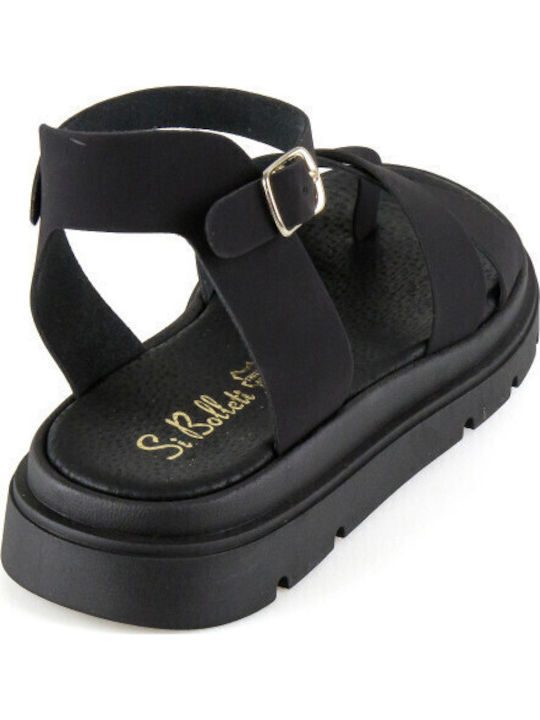 Leather Women's Flat Sandals Flatforms in Black Color