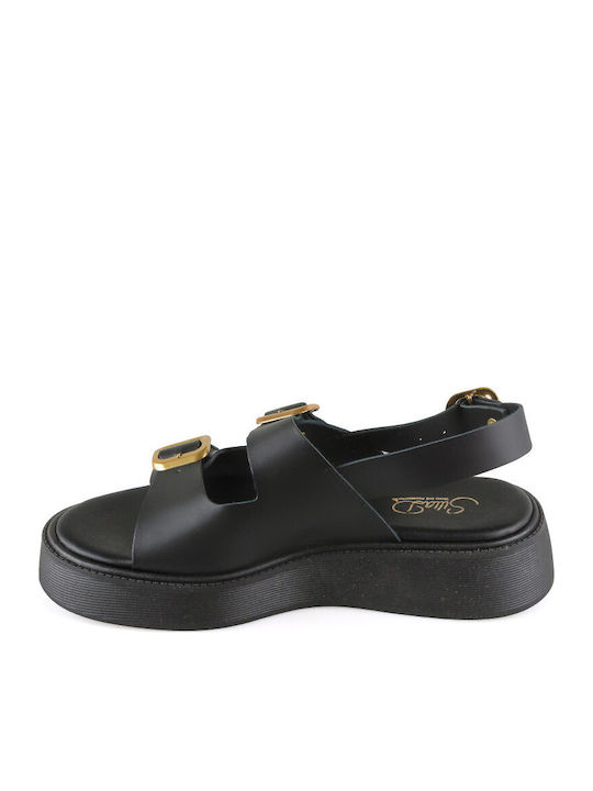 Δερμάτινα Γυναικεία Σανδάλια Flatforms Μαύρα