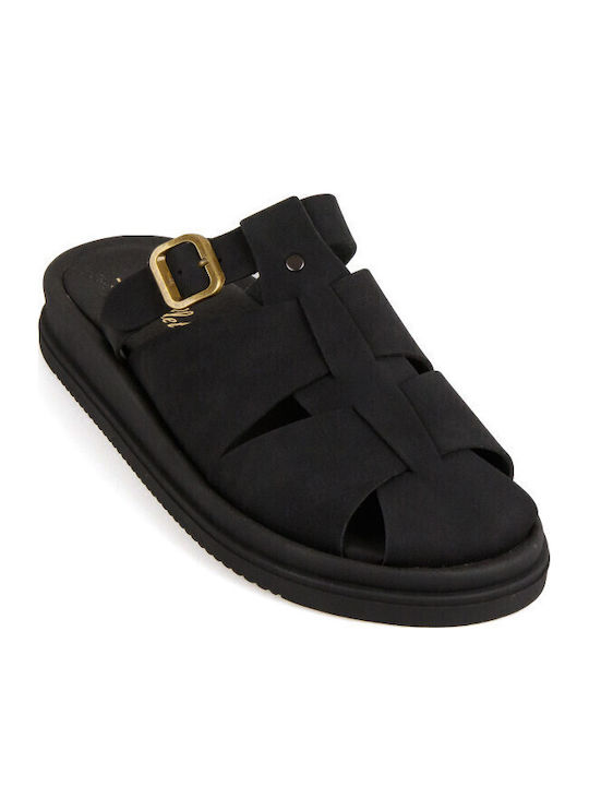 Δερμάτινα Γυναικεία Σανδάλια Flatforms Μαύρα