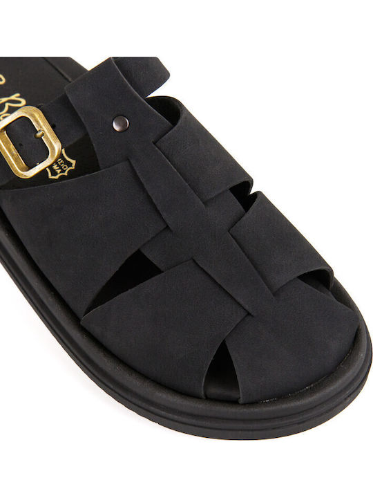 Δερμάτινα Γυναικεία Σανδάλια Flatforms Μαύρα