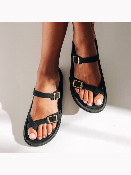 Δερμάτινα Γυναικεία Σανδάλια Flatforms Μαύρα