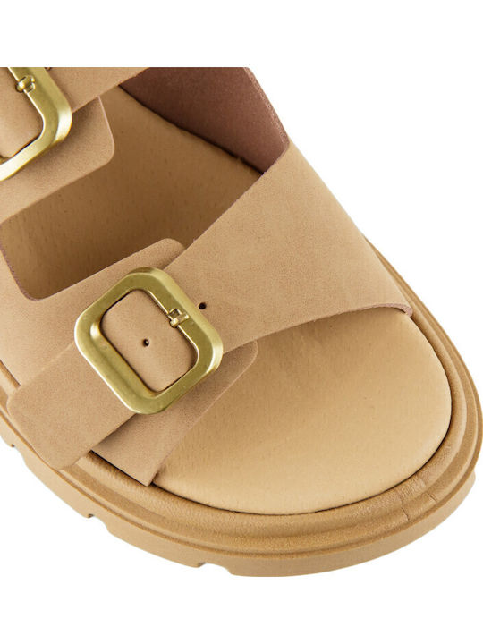 Leather Women's Flat Sandals Flatforms in Brown Color